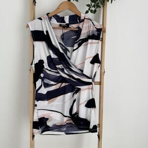 DKNY Women's Sleeveless Faux Wrap Top Abstract Print Art-to-Wear Size L